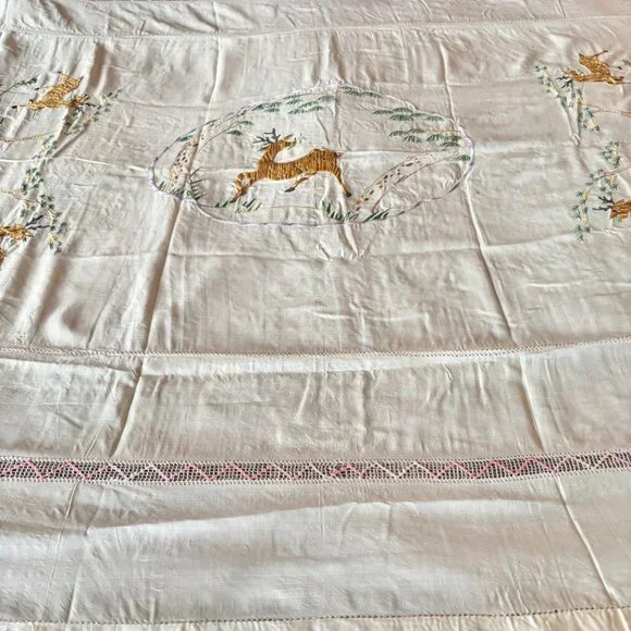 Hand Embroidered Deer & Crochet Silk Bedcover Bedspread 58 x 81